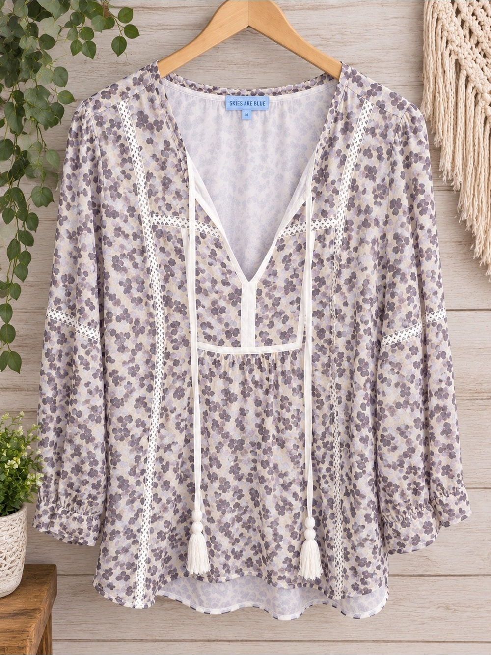 Skies Are Blue Lavender and Cream Floral Peasant Tunic